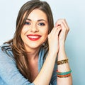 Face portrait of smiling woman. Teeth smiling girl. One model Royalty Free Stock Photo