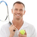 Face portrait, tennis sports and man in studio isolated on a white background for exercise. Training, athlete or happy