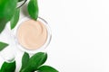 Face powder in round case top view with green leaf background. Fashion cosmetic, natural makeup product composition. Open compact