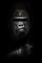 Face and powerful hand in the dark. Portrait of a powerful dominant male gorilla , stern face and powerful arm. isolated black Royalty Free Stock Photo