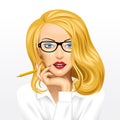 Face of a pretty blonde business woman in glasses with a pencil