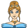 Face princess of a cute princess. The girl is blonde in the crown. Vector illustration of a young queen with blue eyes. Crown,