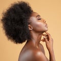 Face Profile of African Beauty Woman massaging Face and Neck. Dark Skin Model with Afro Hairstyle Side view over Beige Royalty Free Stock Photo