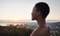 Face profile, meditation and black woman outdoor for peace and freedom. Sunset, zen chakra and happy female practicing Royalty Free Stock Photo