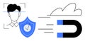 Face recognition, cloud integration, and data security represented by biometric ID, shield, and magnet Royalty Free Stock Photo