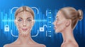 Vector face recognition biometric scanning of girl