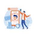 Face recognition and data safety. Man getting access to data after biometrical checking.