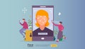 Face recognition data security design. facial biometric identification system scanning on smartphone. web landing page template, Royalty Free Stock Photo