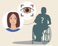 Disabled person face recognition in wheelchair, flat vector stock illustration, biometrics concept, face scan for safety Royalty Free Stock Photo