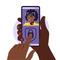 Face recognition and identification, face ID concept. Hands with phones with biometric identification. Vector illustration. Flat Royalty Free Stock Photo