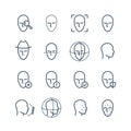 Face recognition line icons. Faces biometrics detection, facial scanning and unlock system vector pictograms