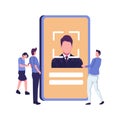 Face recognition, man holds a phone in his hand and use face verivication detector flat vector illustration Royalty Free Stock Photo