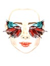 Face with red fairy eyes with makeup, red and green turquoise wings of butterfly shape eyeshadows, small chubby lips smiling
