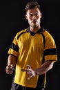 Face, referee or man with warning, foul call or penalty review in sports, rugby or football game at night. Soccer match Royalty Free Stock Photo