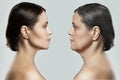 Face representing aging concept. Comparison of young and elderly age. Royalty Free Stock Photo