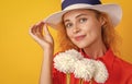 face of retro summer woman with flowers on background.