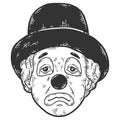 Face of sad clown in a hat. Sketch scratch board imitation color.