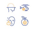 Face scanning, Medical helicopter and Healthy face icons set. Medical food sign. Vector