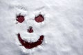 Face scary smiling smiley drawn on white snow, frosty winter day. Close-up.