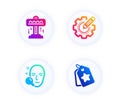 Face search, Attraction and Settings gear icons set. Loyalty tags sign. Vector