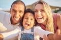 Face selfie, comic and funny happy family on a trip, vacation or holiday outdoors. Portrait, love and caring mother Royalty Free Stock Photo