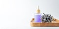 A face serum or oil in a transparent dropper bottle on a wooden tray on white background with lavender flowers nearby. Banner Royalty Free Stock Photo