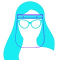 FACE SHIELD line icon with woman head silhouette. Personal protection and prevention of pandemic, epidemic. Vector