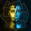 Face shines through hands, face is divided into many parts by cards , double exposure Royalty Free Stock Photo