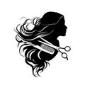 Face silhouette of a beautiful girl with curls of hair. Scissors and comb stylist. Design for hair care hair salon hand Royalty Free Stock Photo