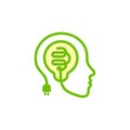 Face silhouette, contour from stylized electric wire with a light bulb inside the head. Idea icon, creative brain symbol Royalty Free Stock Photo