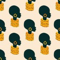 Face silhouette of tribal African woman with colorful necklace and earrings vector seamless pattern for fabric or wallpaper.