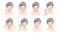 Face skin care. Cartoon young woman washing and cleaning her face with water and lotions. Vector Beaty procedures