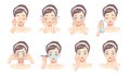 Face skin care. Cartoon young woman washing and cleaning her face with water and lotions. Vector Beaty procedures Royalty Free Stock Photo