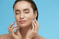 Face Skin Care. Woman Applying Ice Cubes Royalty Free Stock Photo