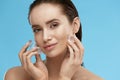 Face Skin Care. Woman Applying Ice Cubes Royalty Free Stock Photo