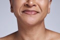 Face skincare, beauty or senior woman zoom portrait for dermatology cosmetics, wellness marketing in studio. Skin or