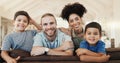 Face, smile and family in home living room, bonding and having fun together. Happy, children and portrait of parents in Royalty Free Stock Photo