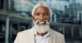 Face, smile and mature business black man in lobby of glass office for corporate employment or career closeup. Portrait Royalty Free Stock Photo