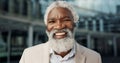 Face, smile and mature business black man in lobby of glass office for corporate employment or career closeup. Portrait Royalty Free Stock Photo