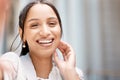 Face, smile and selfie with a happy black woman in the city feeling carefree with mockup. Beauty, head and portrait with