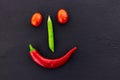 Face with a smile of vegetables pepper green nose, a red pod smile and a pair of tomato eyes on a black background Royalty Free Stock Photo