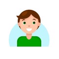 Face of a smiling brunette boy with green eyes. Cartoon portrait of a young man. Avatar character for an icon, logo Royalty Free Stock Photo