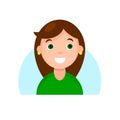 Face of a smiling brunette girl with green eyes. Cartoon portrait of a young woman. Avatar character for an icon, logo Royalty Free Stock Photo