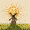 The face of the sun behind the mill in a field of daisies. Royalty Free Stock Photo