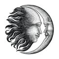 Face in Sun and Moon hand drawing vintage engraving money line d Royalty Free Stock Photo