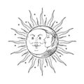 The face of the sun and moon. Retro illustration. Royalty Free Stock Photo