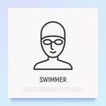 Face of swimmer in swimming cap and goggles. Thin line icon. Modern vector illustration