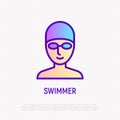 Face of swimmer in swimming cap and goggles. Thin line icon. Modern vector illustration