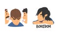 Face of Teenage Boy and Girl Feeling Boredom and Having Conflict with Parent Vector Set