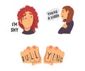 Face of Teenage Girl Feeling Shyness and Fist with Bullying Word Vector Set